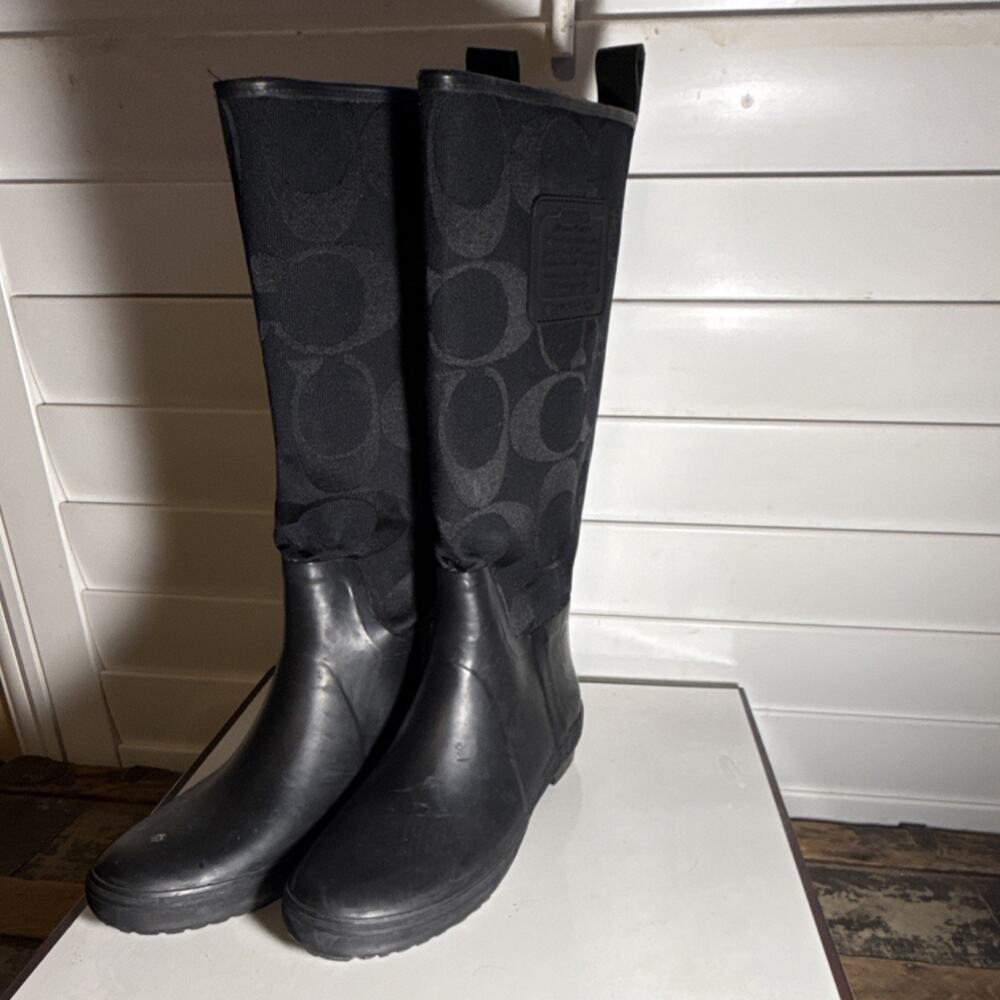 Coach Paige Logo Knee High Rain Boot, Black, Rubber, Round Toe, Size 8M